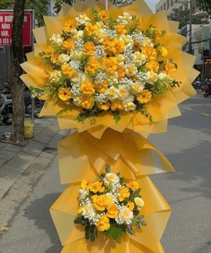 kệ hoa khai trương tone vàng 2 tầng